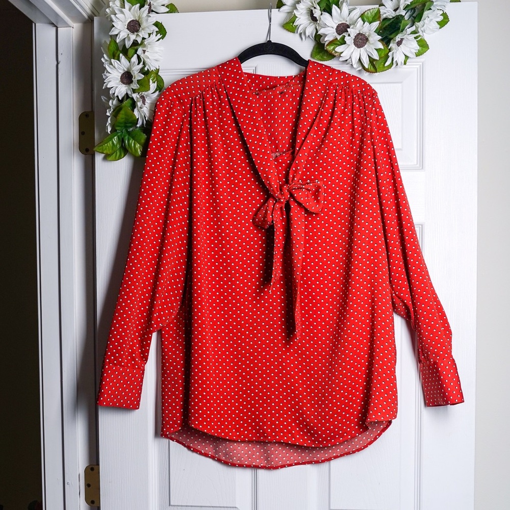 Orange Polka Dot Blouse Tie-Neck Flowy Womens XL